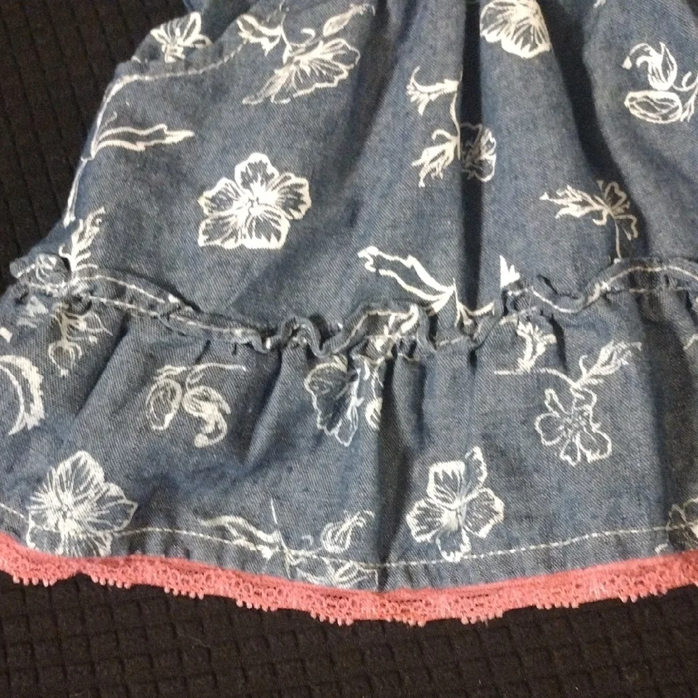 Denim Floral Sundress with Pink Lace Trim